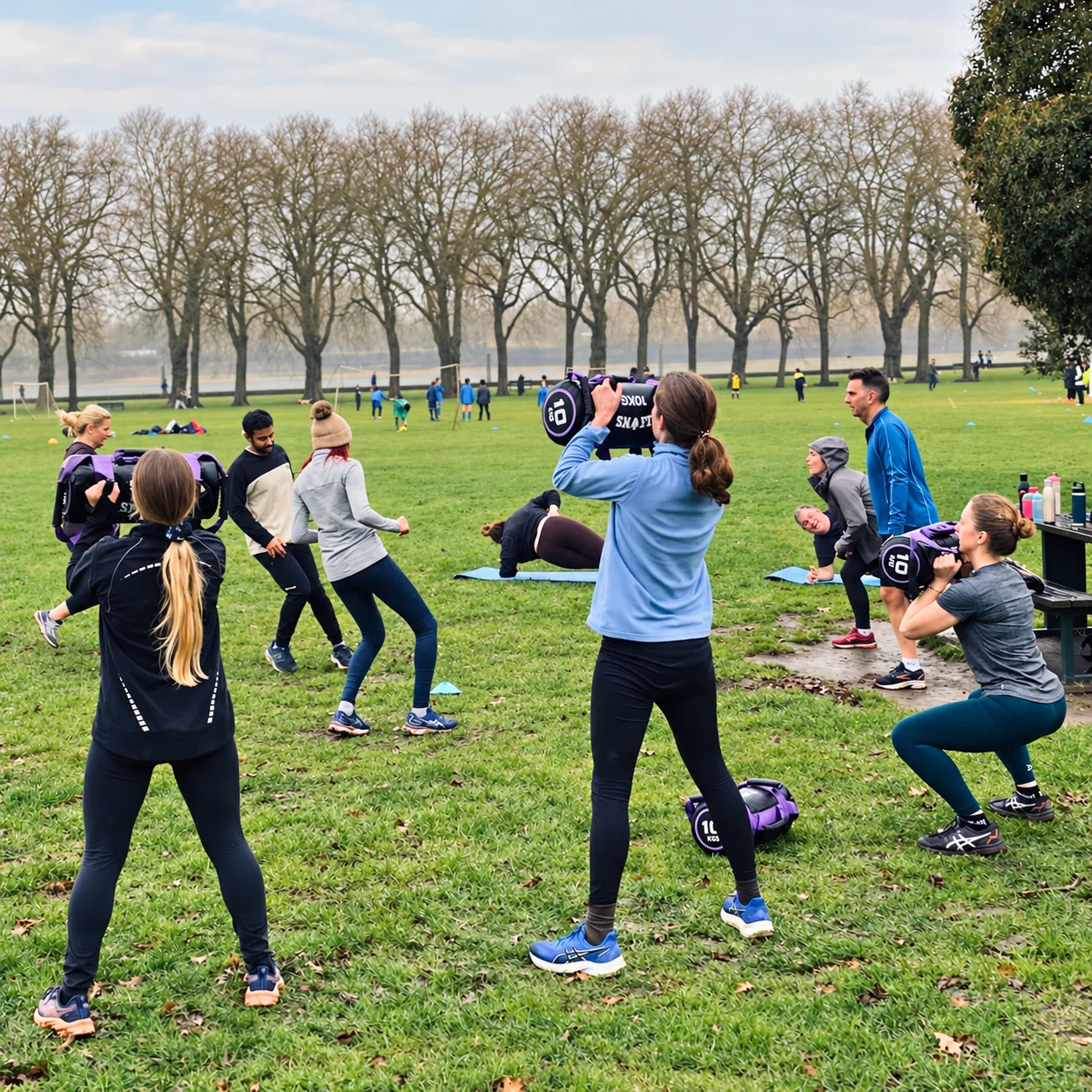 Putney Bootcamp members training with sandbags during an outdoor fitness session in Wandsworth Park