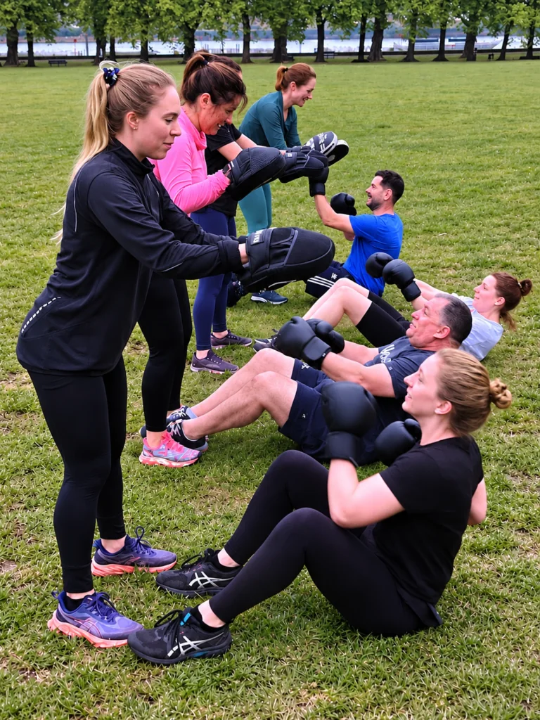 Members practising boxing with pads and gloves