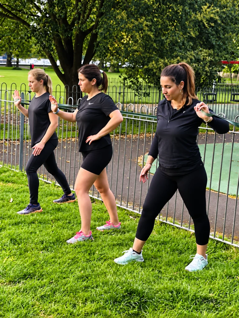 Members using resistance bands during an outdoor circuit